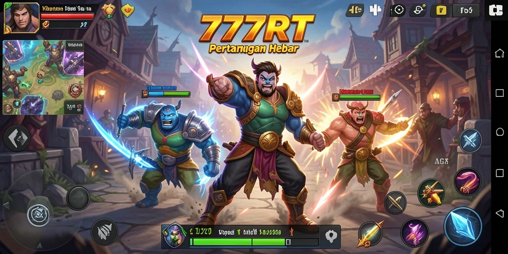 Tampilan gameplay intens dari 777RT dengan karakter bertarung yang epik.