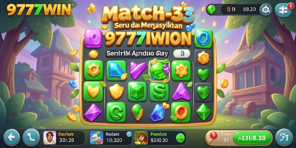Screenshot utama 9777WIN menampilkan aksi mencocokkan permata warna-warni.