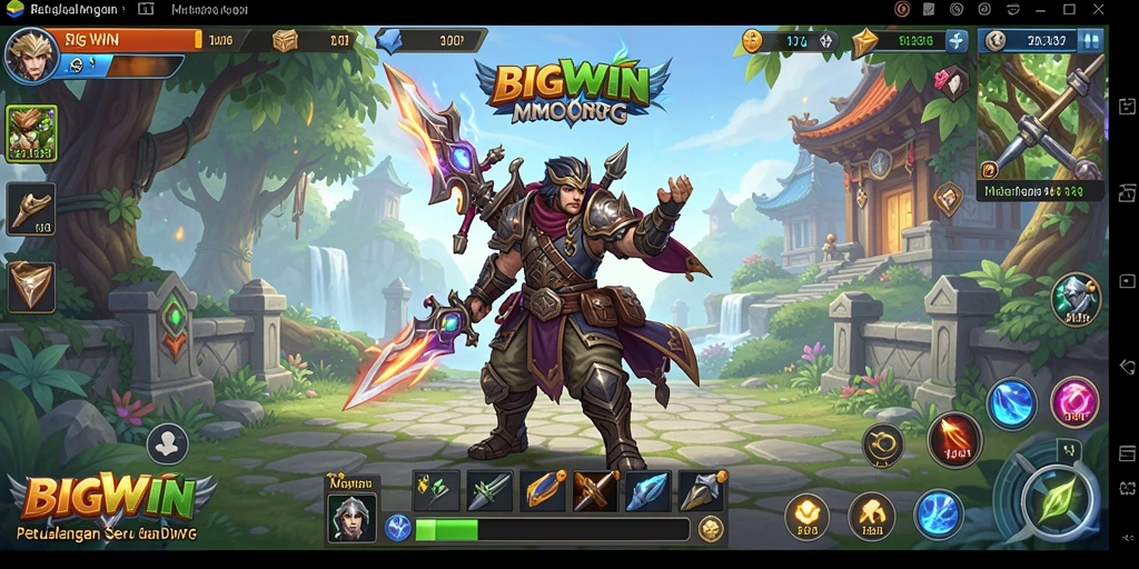 Tangkapan layar gameplay <strong>BIGWIN</strong> menunjukkan aksi pertempuran yang seru dan dunia yang indah.