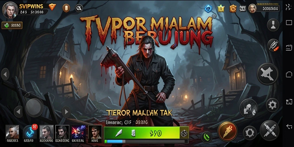 Screenshot permainan SVIPWINS dengan suasana menyeramkan dan karakter menakutkan.